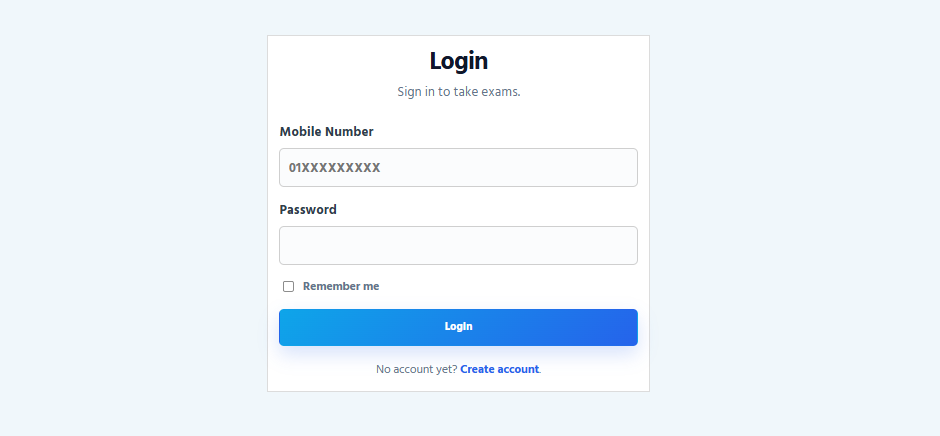 Login form with mobile number, password, Remember me, and the Login button