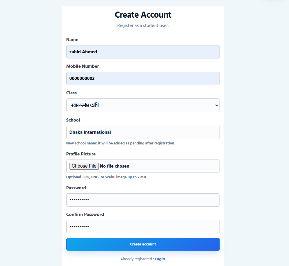 Create account form with name, mobile number, class, school, and password fields