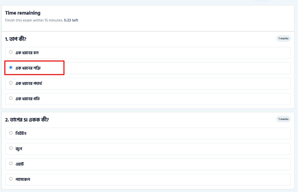 Exam questions with radio-button options and Time remaining at the top